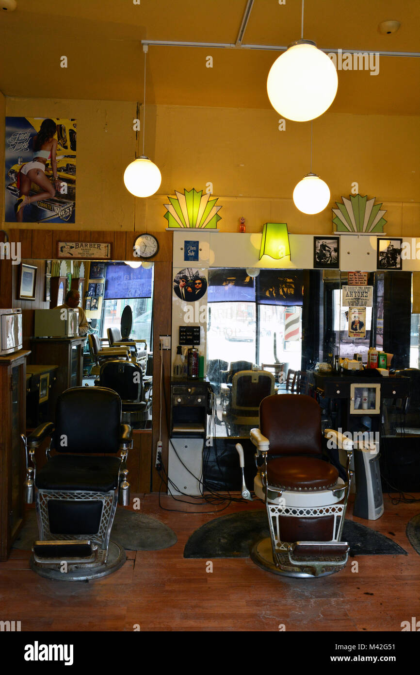 A quiet morning inside a neighborhood barber shop on the north side of Chicago. Stock Photo