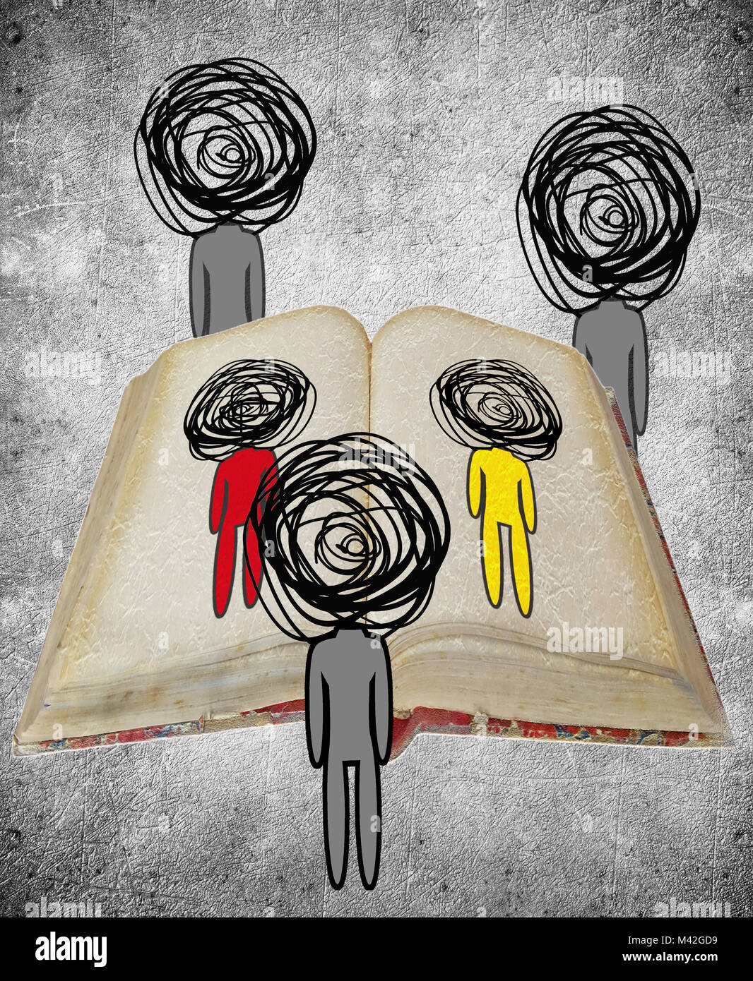 three human figures watching a book knowledge concept digital illustration Stock Photo