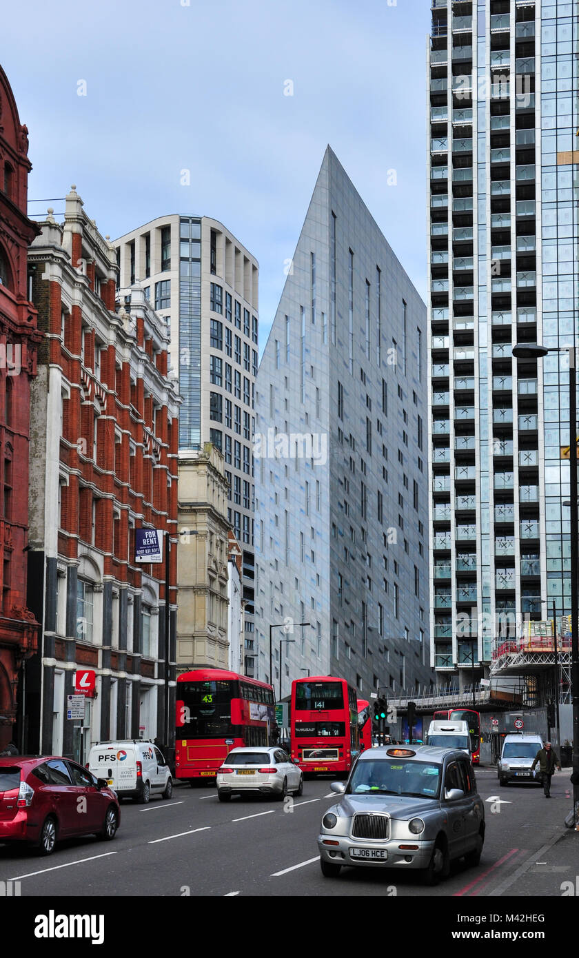 Modern buildings (with the hotel  'M by Montcalm' in the centre) and traffic on City Road, London, England, UK Stock Photo