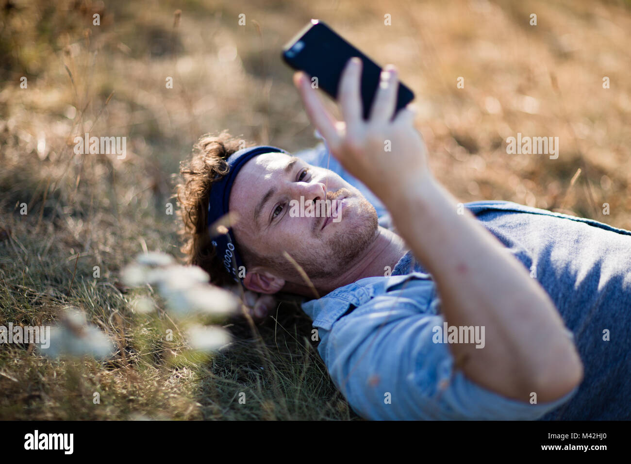 Young adult lying on grass in summer using smartphone Stock Photo