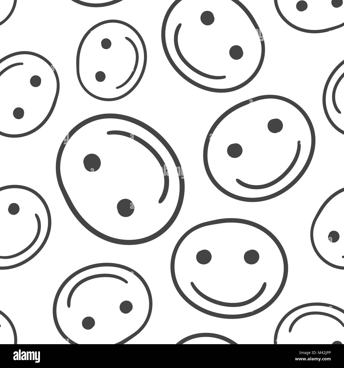 Hand drawn smiley face seamless pattern background. Business flat vector illustration. Face with smile sign symbol pattern. Stock Vector