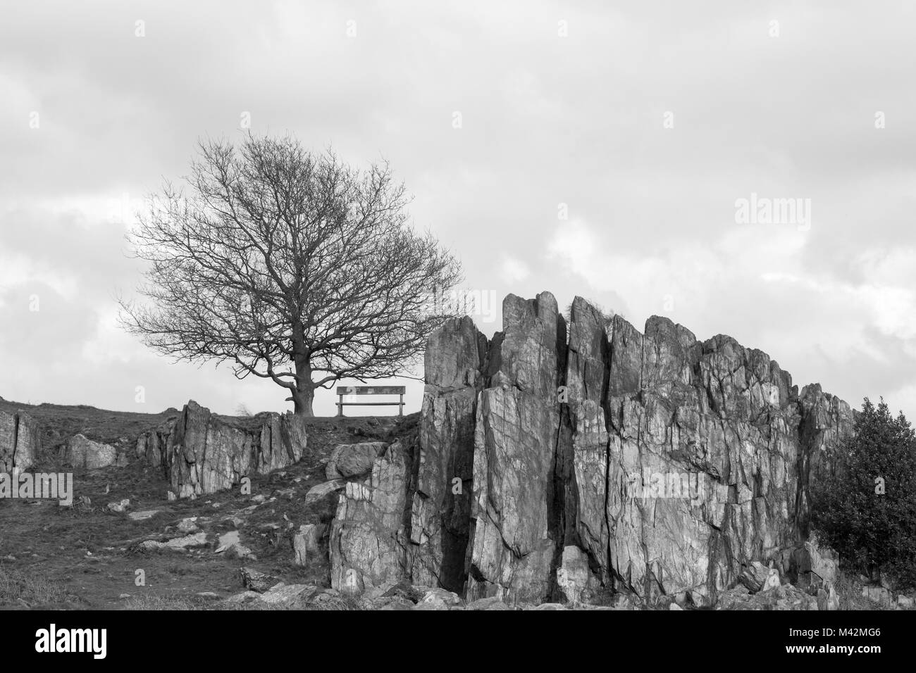 A monochrome image of a  rock formation and a bench to sit and enjoy the views, Beacon Hill Country Park, Leicestershire, England, UK Stock Photo