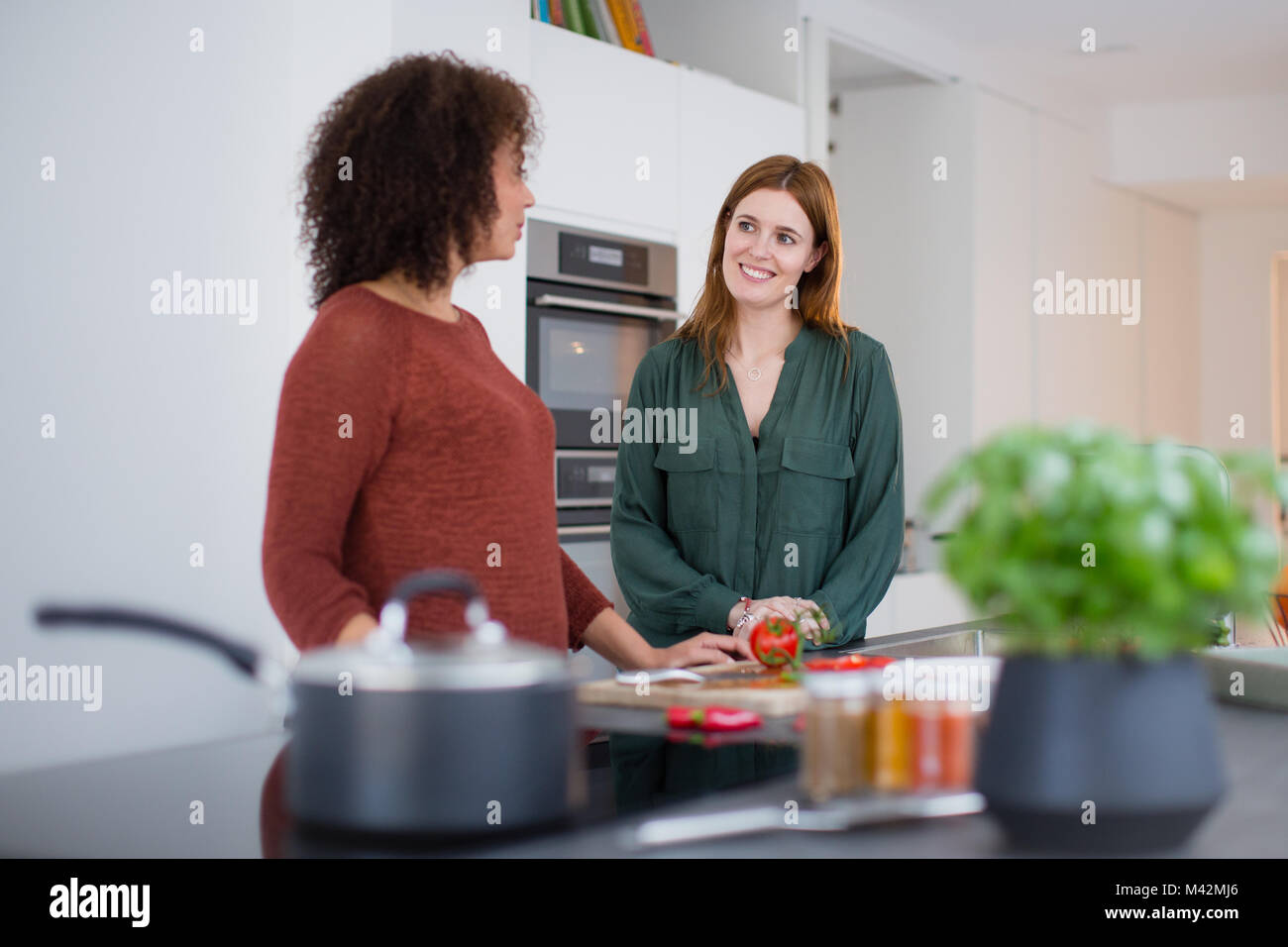 Friends socialising in a kitchen whilst cooking Stock Photo