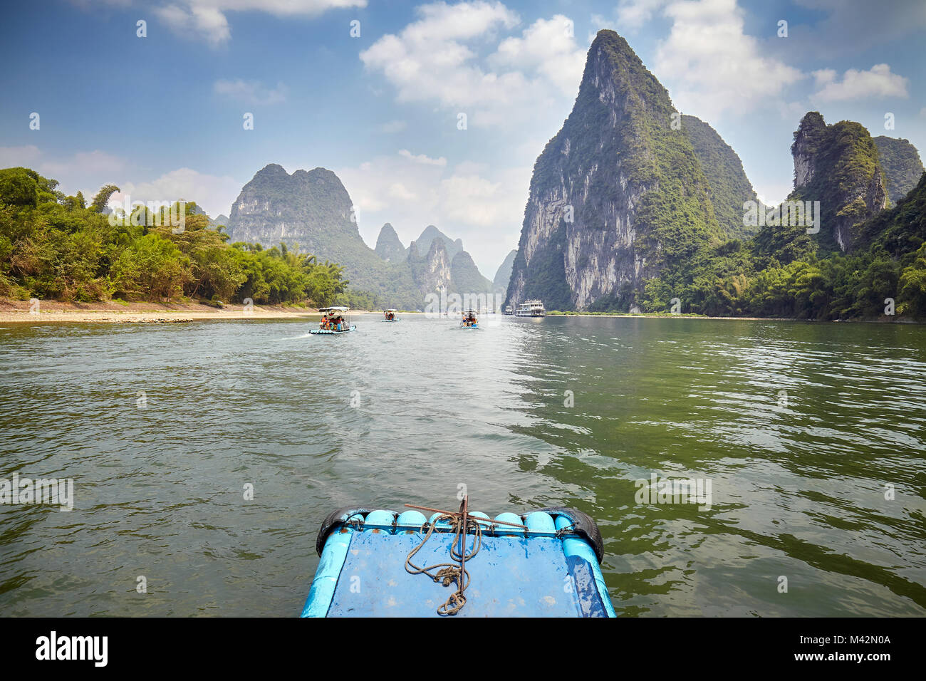 Li River bamboo raft from Guilin to Xingping, one of China top tourist attraction. Stock Photo