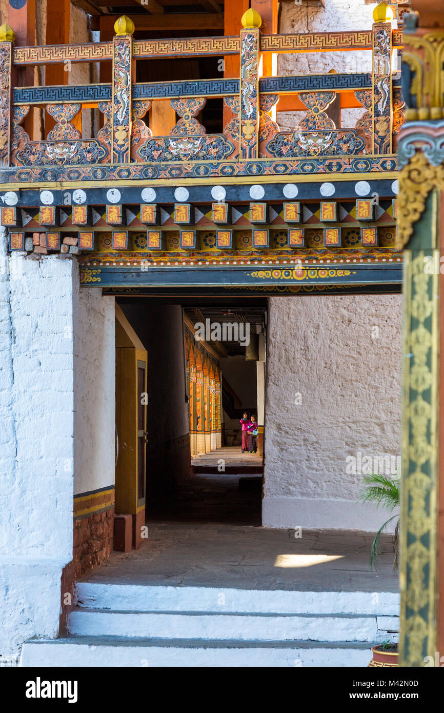 Punakha, Bhutan.  Corridor Connecting Two Courtyards of the Punakha Dzong (Monastery/Fortress). Stock Photo