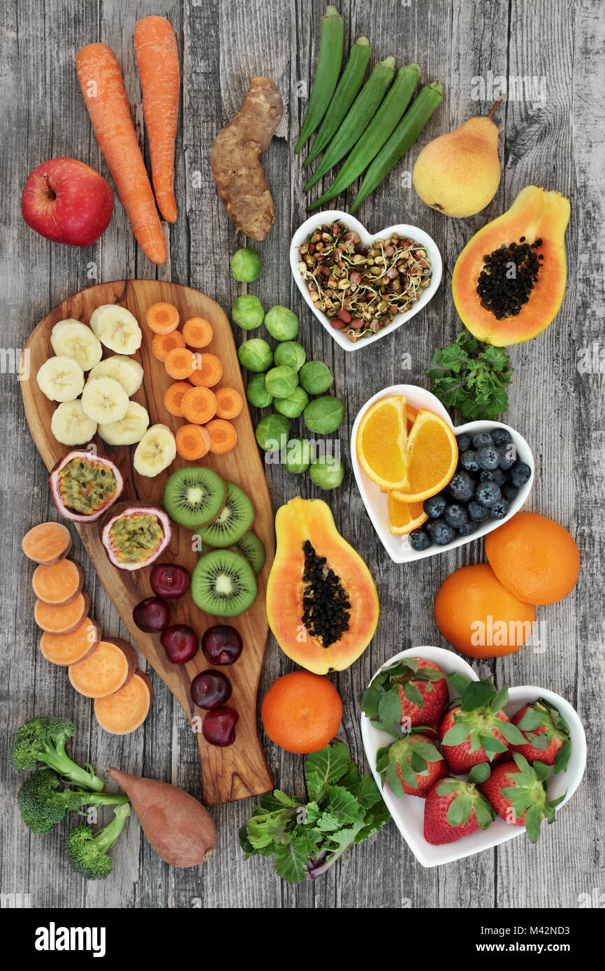 Fresh high fiber health food concept with fruit and vegetables high in