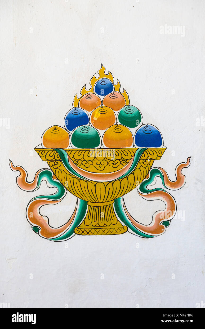 Punakha, Bhutan.  Decorative Painting in the Punakha Dzong (Fortress/Monastery). Stock Photo