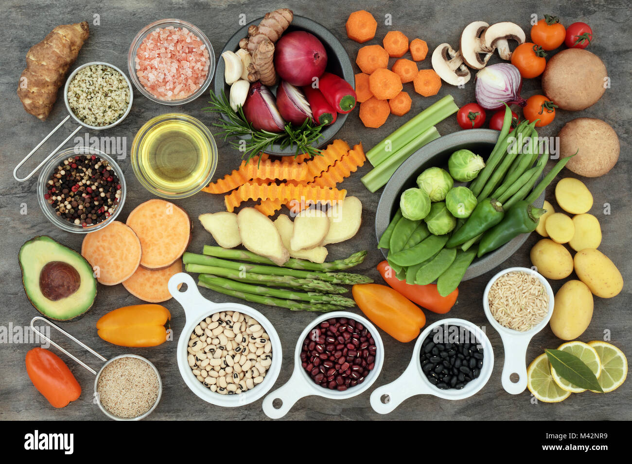 Healthy eating food with vegetables, fruit, grains, pulses, herbs