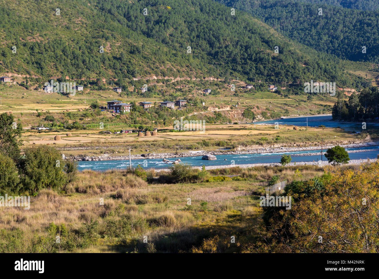 Punakha, Bhutan.  Pho River Seen from the Punakha Dzong (Fortress/Monastery). Stock Photo