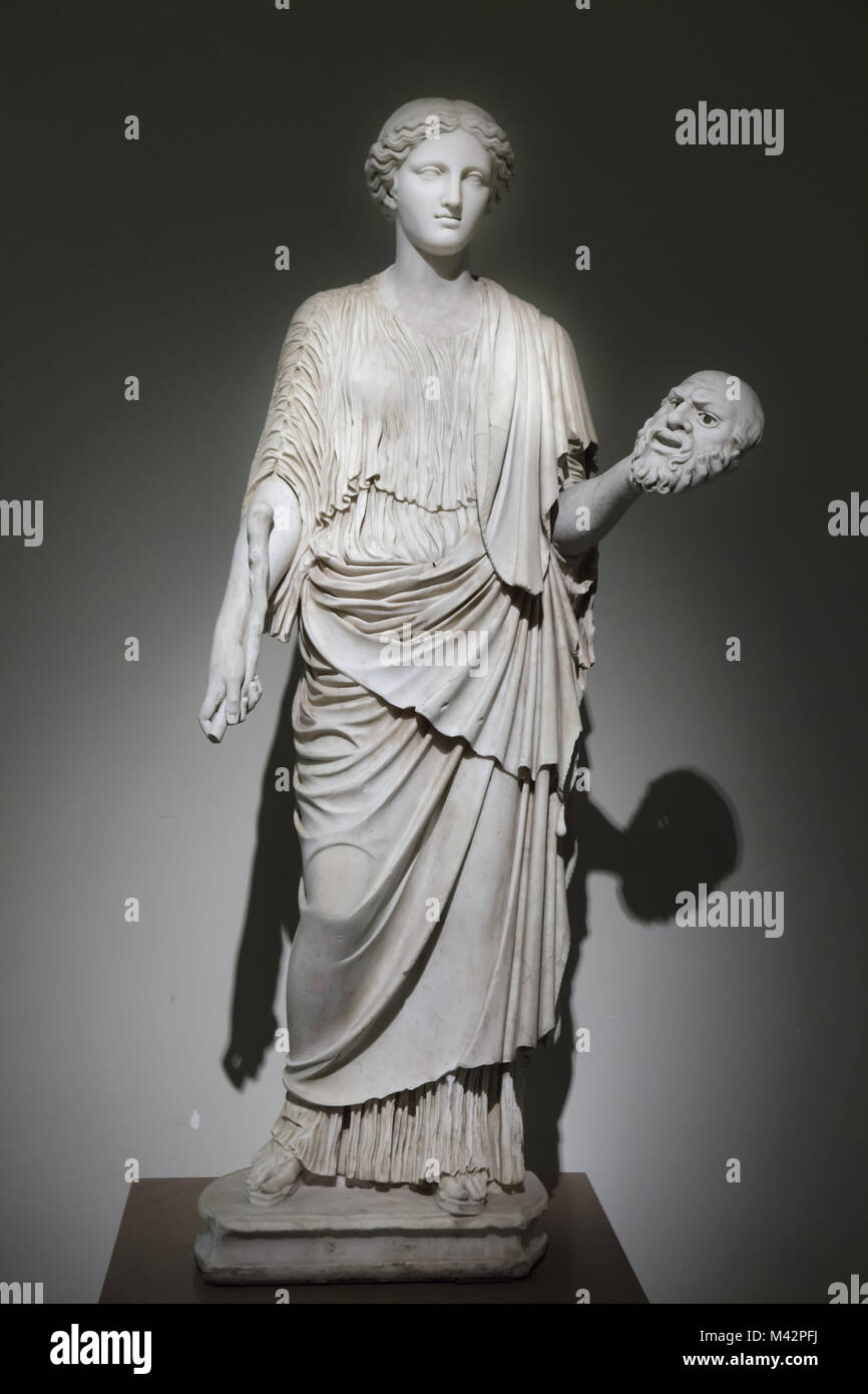 Female deity (Kore of the Eleusus type) restored as a Muse. Roman marble copy from the late 2nd century AD after a Greek original from the second half of the 5th century BC. Statue from the Farnese Collection on display in the National Archaeological Museum in Naples, Campania, Italy. Stock Photo