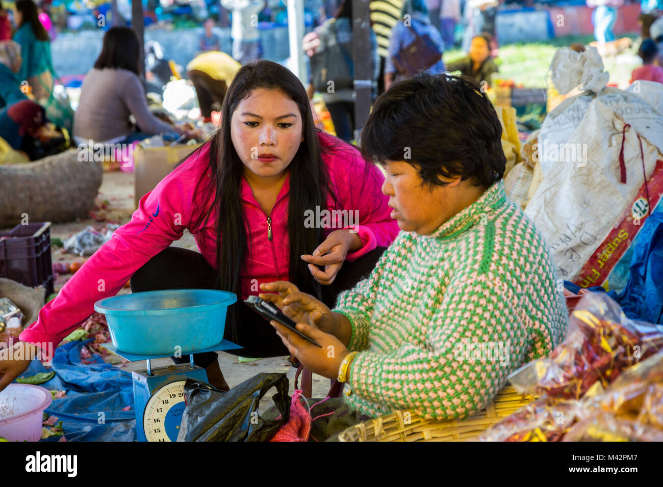 Punakha, Bhutan.  Fruit and Vegetable Market.  Vendor Calculating Price, Buyer watching. Stock Photo