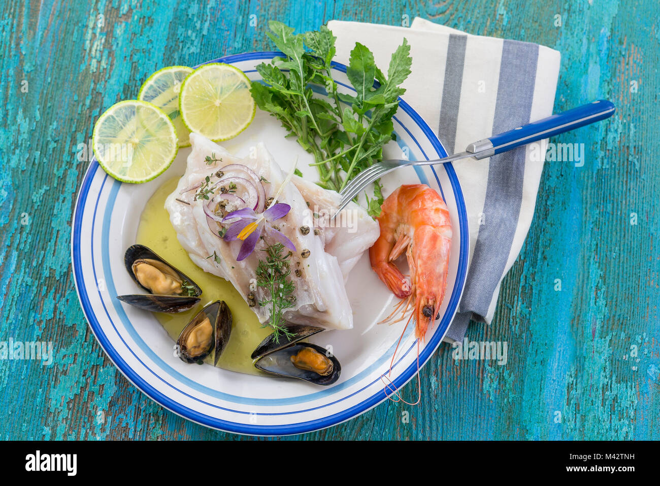 Cod fish fillet, Atlantic cod with seafood mussells,shrimps,lime and ...