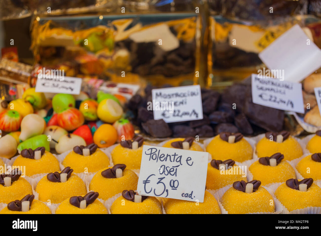 Bergamo, Lombardy, Italy. Polenta e osei, a typical dessert Stock Photo