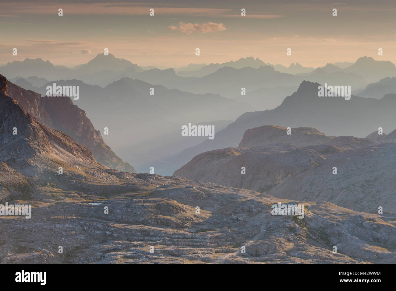 Plateau of Pale of San Martino, San Martino di Castrozza, Trento province, Dolomites, Trentino Alto Adige, Italy, Europe. Plateau at sunrise Stock Photo