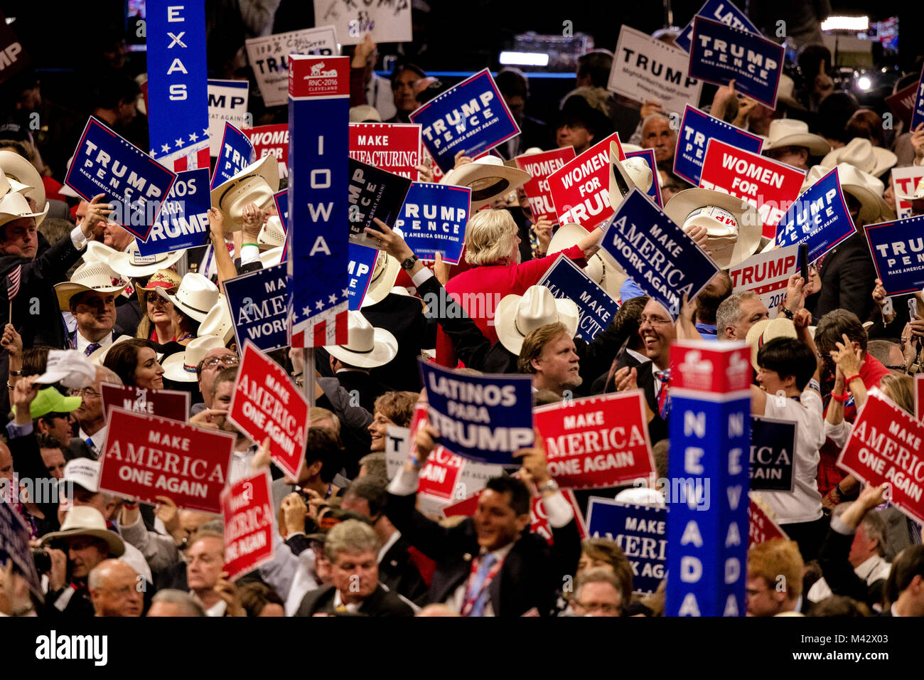 Cleveland, Ohio, USA,  July 21, 2016  Delegates from various states hold up signs in support of Presidential candidate Donald Trump at  the Republican National Convention in the Quicken Arena. Stock Photo