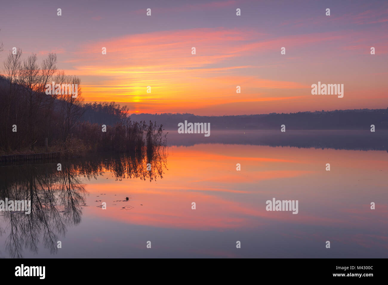 Sunset on lake Alserio, Alserio, Como province, Brianza, Lombardy, Italy, Europe Stock Photo
