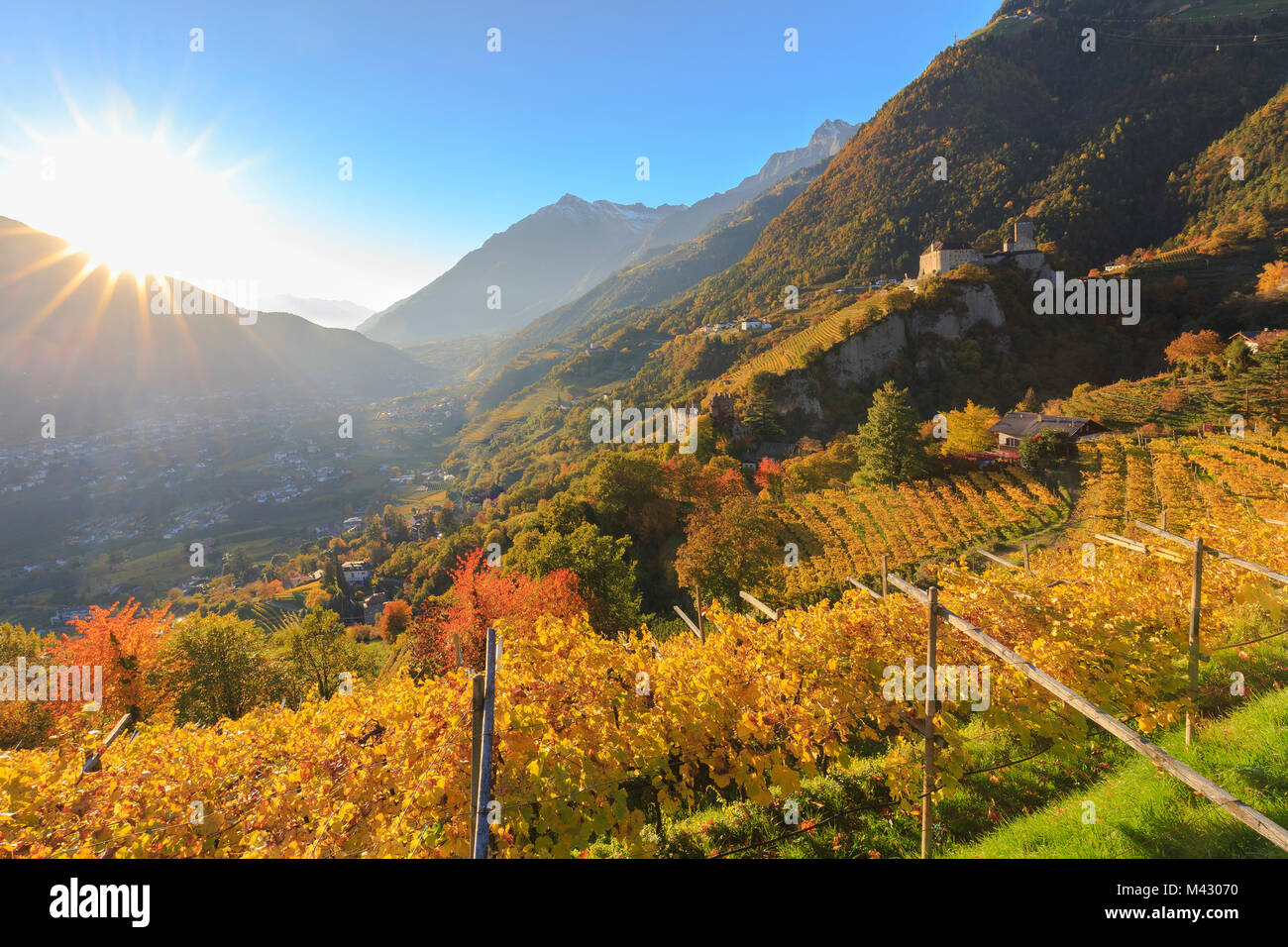 The sun illuminates Castel Tirolo and Castel Fontana before setting off. Castel Tirolo, Tirolo, Merano, Val Venosta, Alto Adige/Sudtirol, Italy, Europ Stock Photo