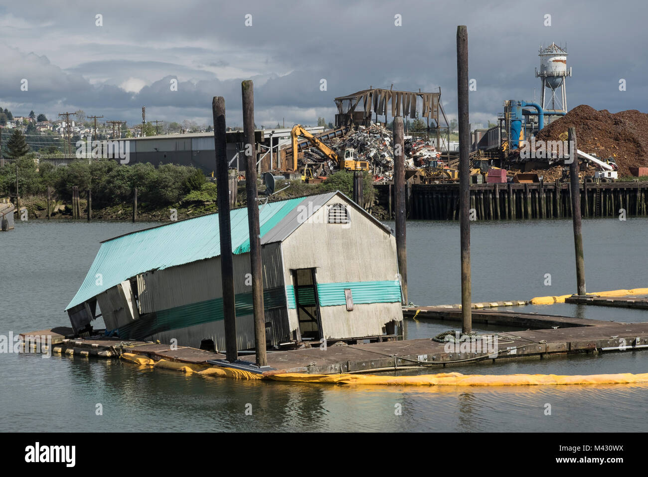 A derelict shed for a boat on the Duwamish River, Seattle, Washington Stock Photo