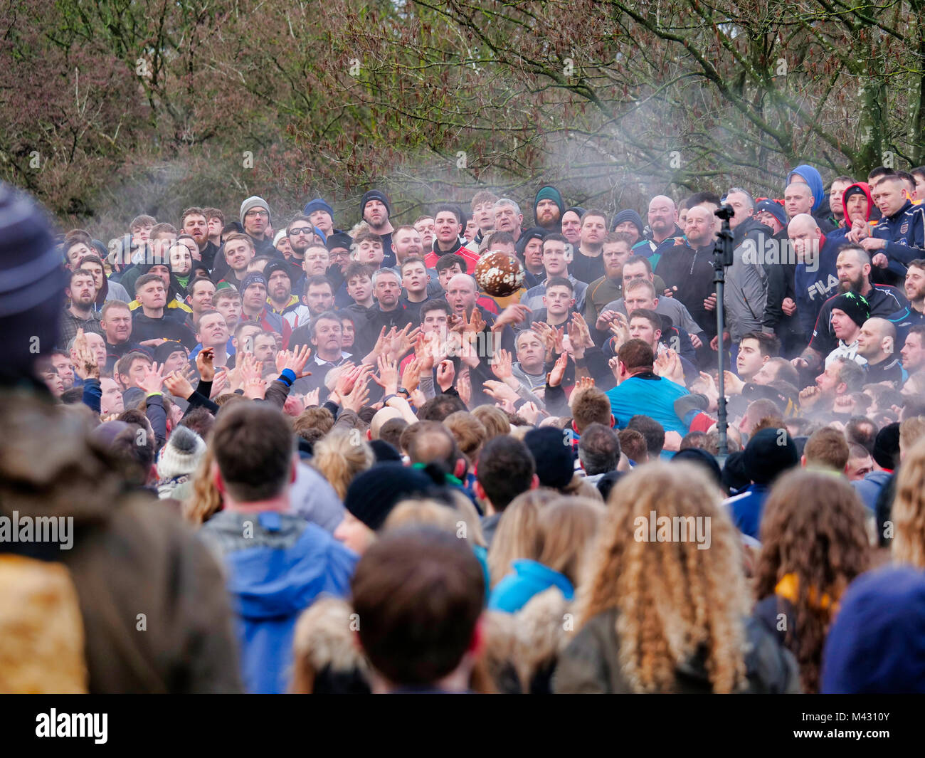 Ashbourne, UK. 13th February 2018. Ye Olde & Ancient Medieval hugball game is the forerunner to football. It's played between two teams, the Up'Ards & Down'Ards separated by the Henmore Brook river. The goals are 3 miles apart at Sturston Mill & Clifton Mill. Credit: Doug Blane/Alamy Live News Stock Photo