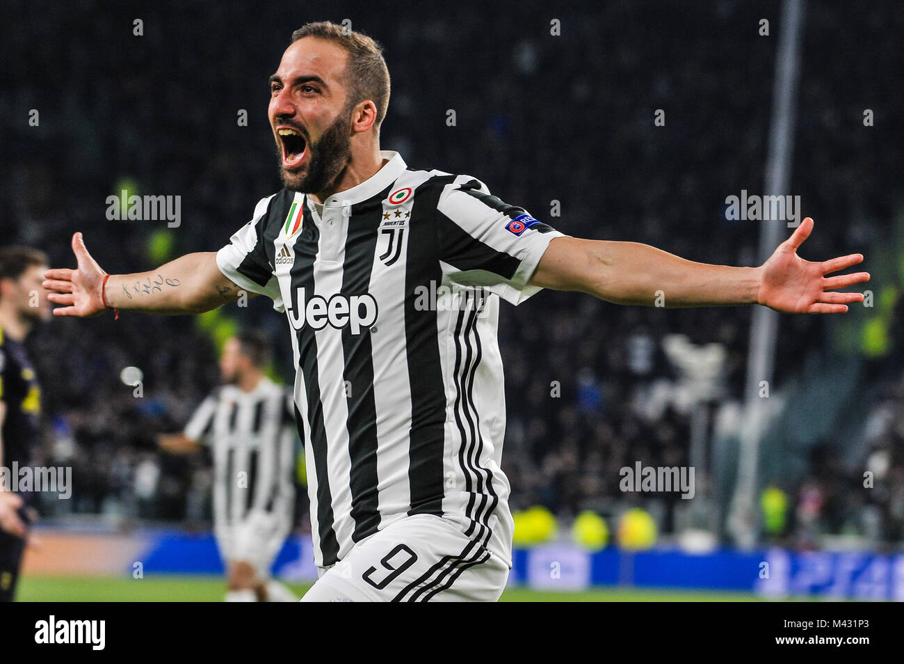 Turin, Italy. 13th February, 2018. Gonzalo Higuain (Juventus FC) during the UEFA Champions League football match between Juventus FC and Tottenham Hotspur at Allianz Stadium on 13 February, 2018 in Turin, Italy. Credit: FABIO PETROSINO/Alamy Live News Stock Photo