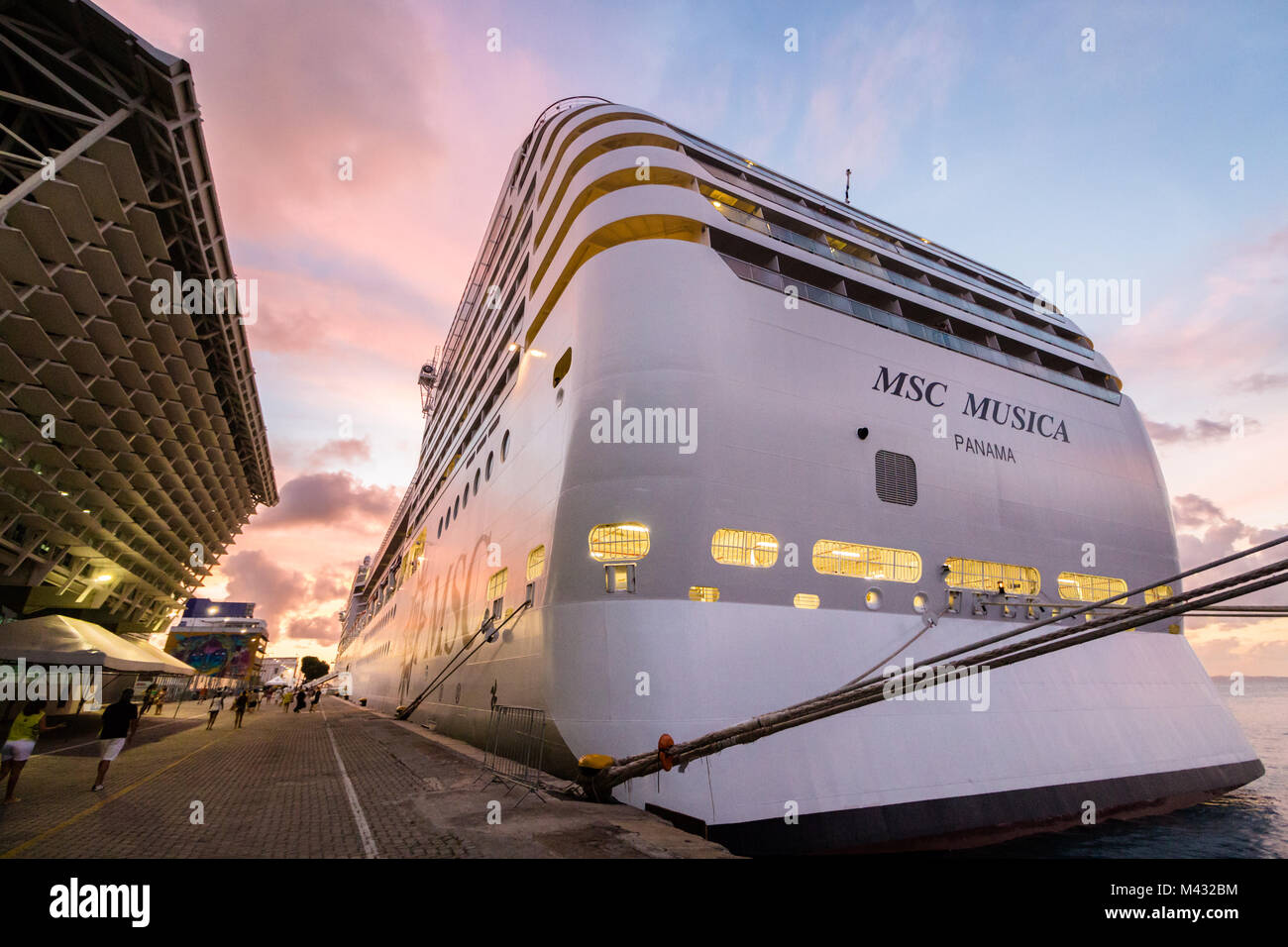 Salvador Bahia, Brazil. 13th Feb, 2018. The MSC Musica it is docked at the Salvador Port and is schedule to depart at 23:00hrs. MSC Cruises is a global cruise company based in Switzerland, with headquarters in Geneva and Naples. MSC is the largest privately-owned cruise company in the world, with offices in 45 countries and 15,500 employees worldwide. Credit: Ruben Ramos/Alamy Live News. Stock Photo