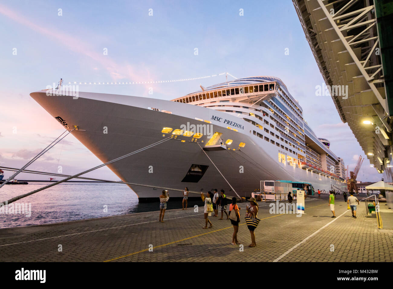 Salvador Bahia, Brazil. 13th Feb, 2018. The MSC Preziosa it is docked at the Salvador Port and is schedule to depart at 23:00hrs. MSC Cruises is a global cruise company based in Switzerland, with headquarters in Geneva and Naples. MSC is the largest privately-owned cruise company in the world, with offices in 45 countries and 15,500 employees worldwide. Credit: Ruben Ramos/Alamy Live News. Stock Photo