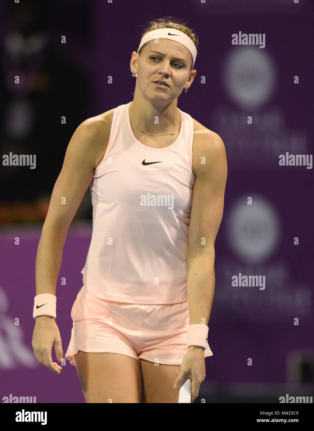 Doha, Qatar. 13th Feb, 2018. Lucie Safarova of Czech Republic reacts during the single's first round match against Julia Goerges of Germany at the 2018 WTA Qatar Open in Doha, Qatar, on Feb. 13, 2018. Julia Goerges won 2-0. Credit: Nikku/Xinhua/Alamy Live News Stock Photo
