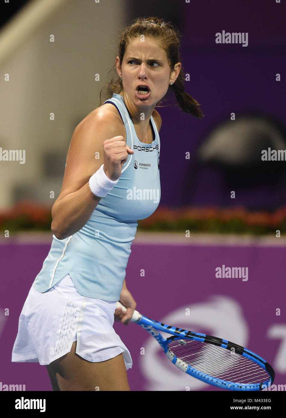 Doha, Qatar. 13th Feb, 2018. Julia Goerges of Germany celebrates during the single's first round match against Lucie Safarova of Czech Republic at the 2018 WTA Qatar Open in Doha, Qatar, on Feb. 13, 2018. Julia Goerges won 2-0. Credit: Nikku/Xinhua/Alamy Live News Stock Photo