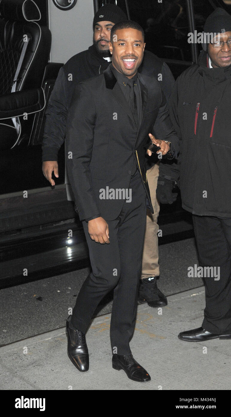 New York, NY, USA. 13th Feb, 2018. Michael B. Jordan spotted outside MoMA  on 53 Street in New York City attending the New York screening of "The  Black Panther" on February 13,