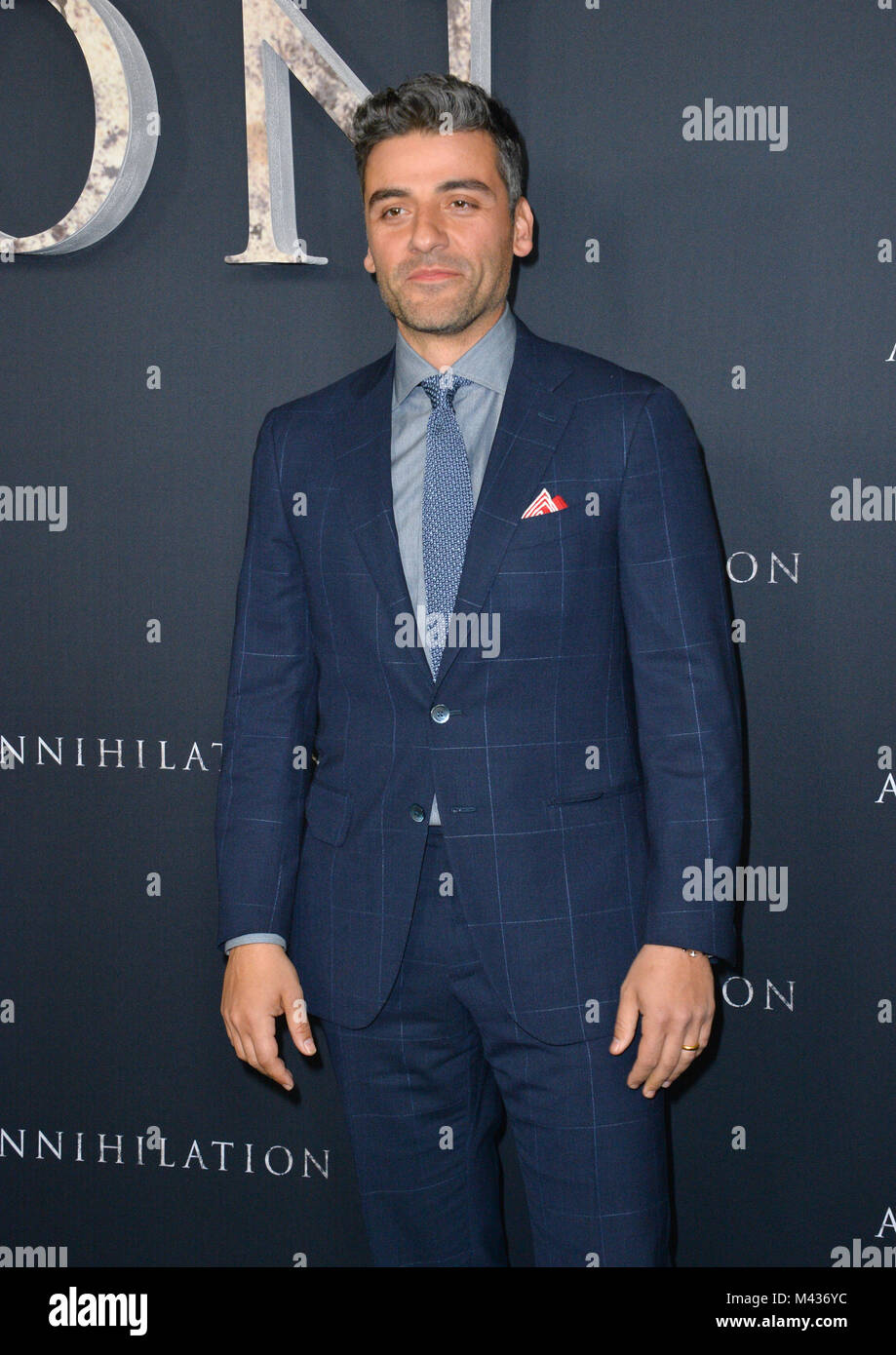 Los Angeles, California, USA. 13th February, 2018. Oscar Isaac at the premiere for 'Annihilation' at the Regency Village Theatre Picture: Sarah Stewart Credit: Sarah Stewart/Alamy Live News Stock Photo