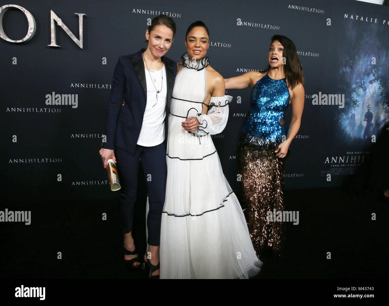 WESTWOOD, CA - FEBRUARY 13: Tuva Novotny, Tessa Thompson, Gina Rodriguez, at the Los Angeles Premiere Of Annihilation at the Regency Villages Theatre in Westwood, California on February 13, 2018. Credit: Faye Sadou/MediaPunch Stock Photo