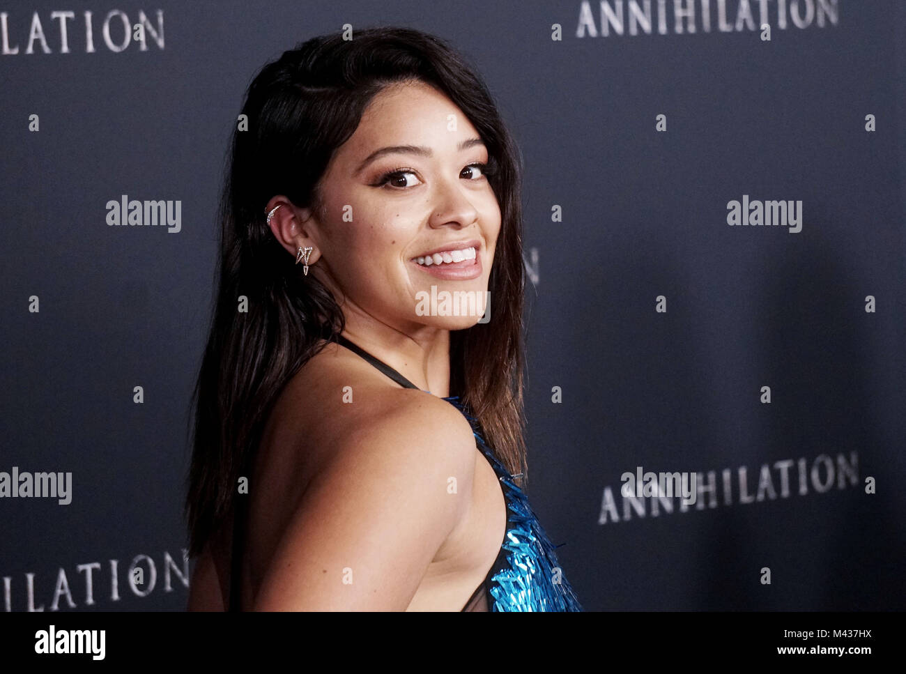 Los Angeles, USA. 13th Feb, 2018. Gina Rodriguez 62 arrives at the Premiere Of Paramount Pictures' 'Annihilation' at Regency Village Theatre on February 13, 2018 in Westwood, California. Credit: Tsuni / USA/Alamy Live News Stock Photo