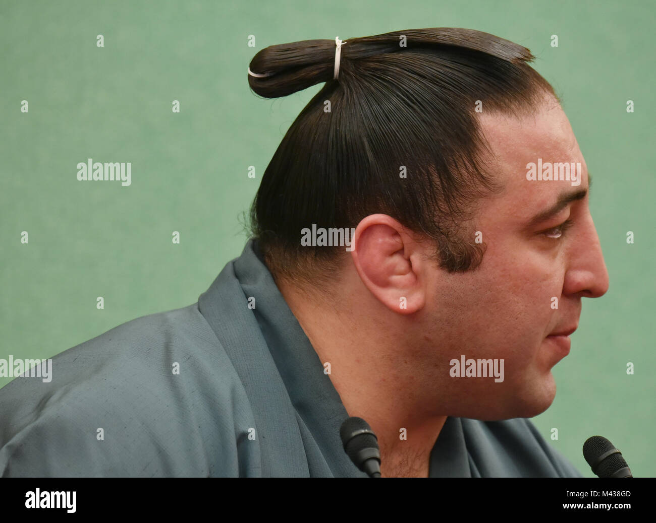 Tokyo, Japan. 14th Feb, 2018. Wearing traditional Japanese kimono robe and  topknot, Georgian sumo wrestler Levan Gorgadze speaks during a news  conference at the Japan National Press Club in Tokyo on Wednesday,
