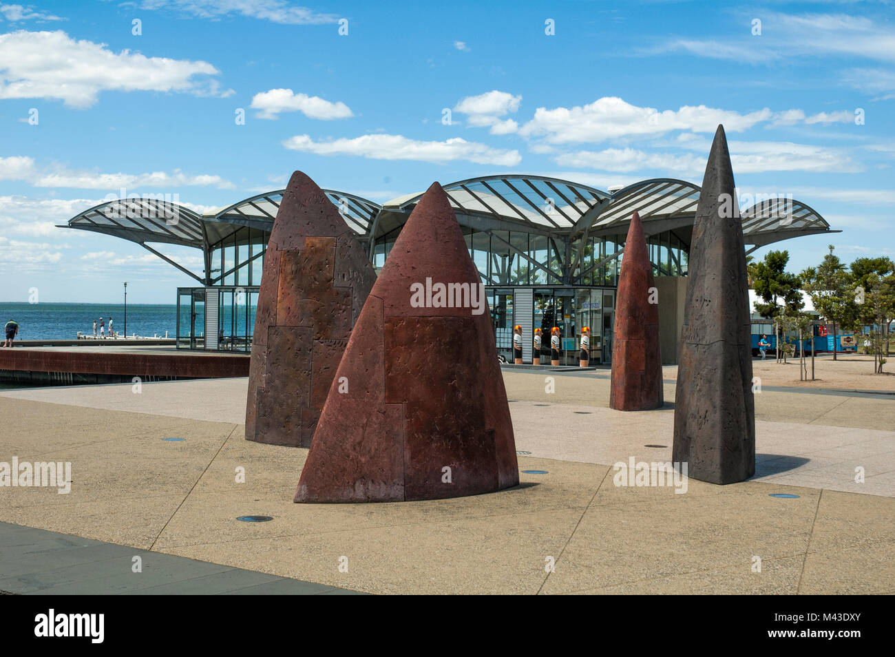 Public artwork “North”  7-part sculpture by Mark Stoner on the Geelong waterfront. Victoria, Australia Stock Photo