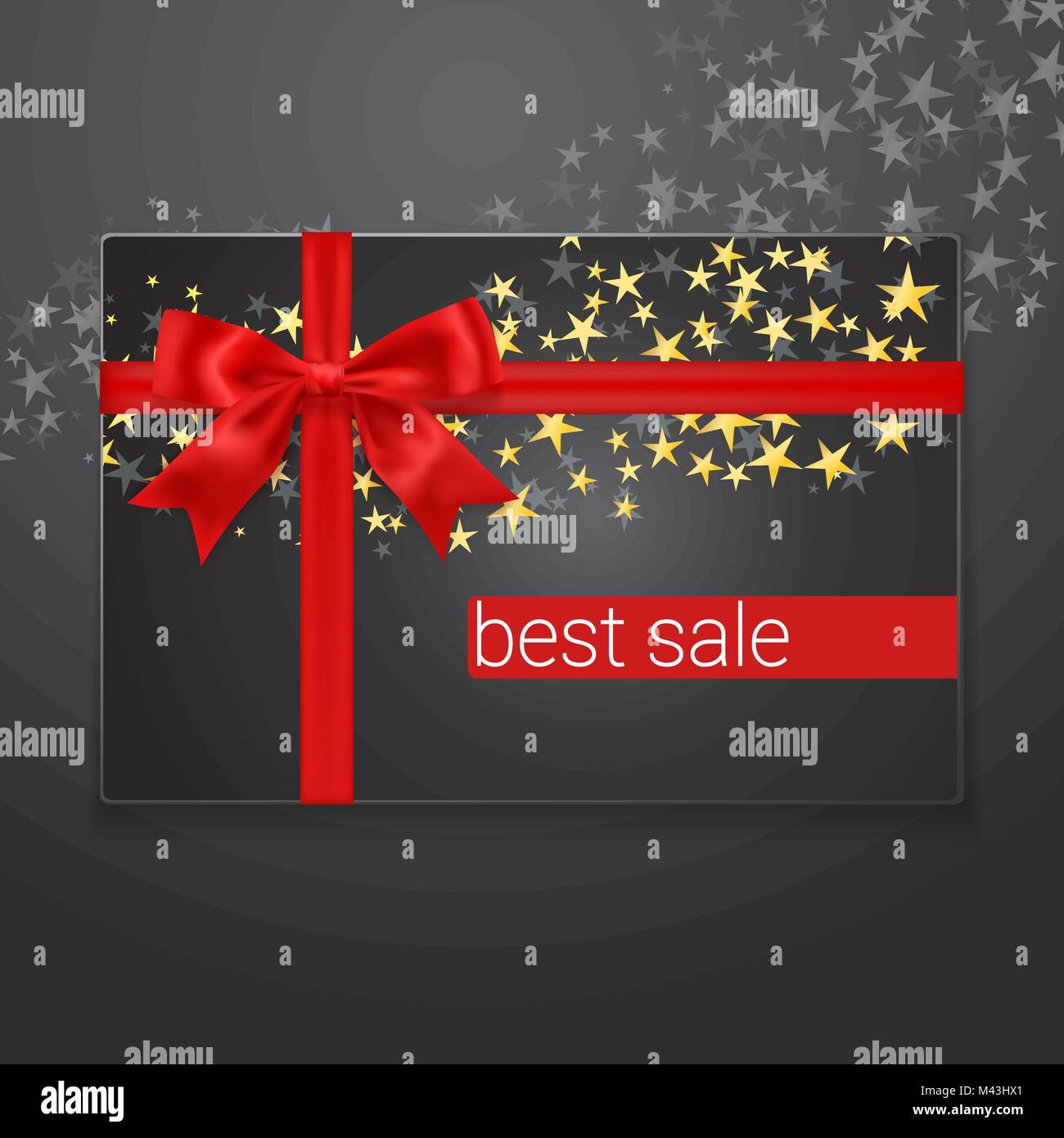 best sale card with red silk bow and golden stars on background. Stock Vector
