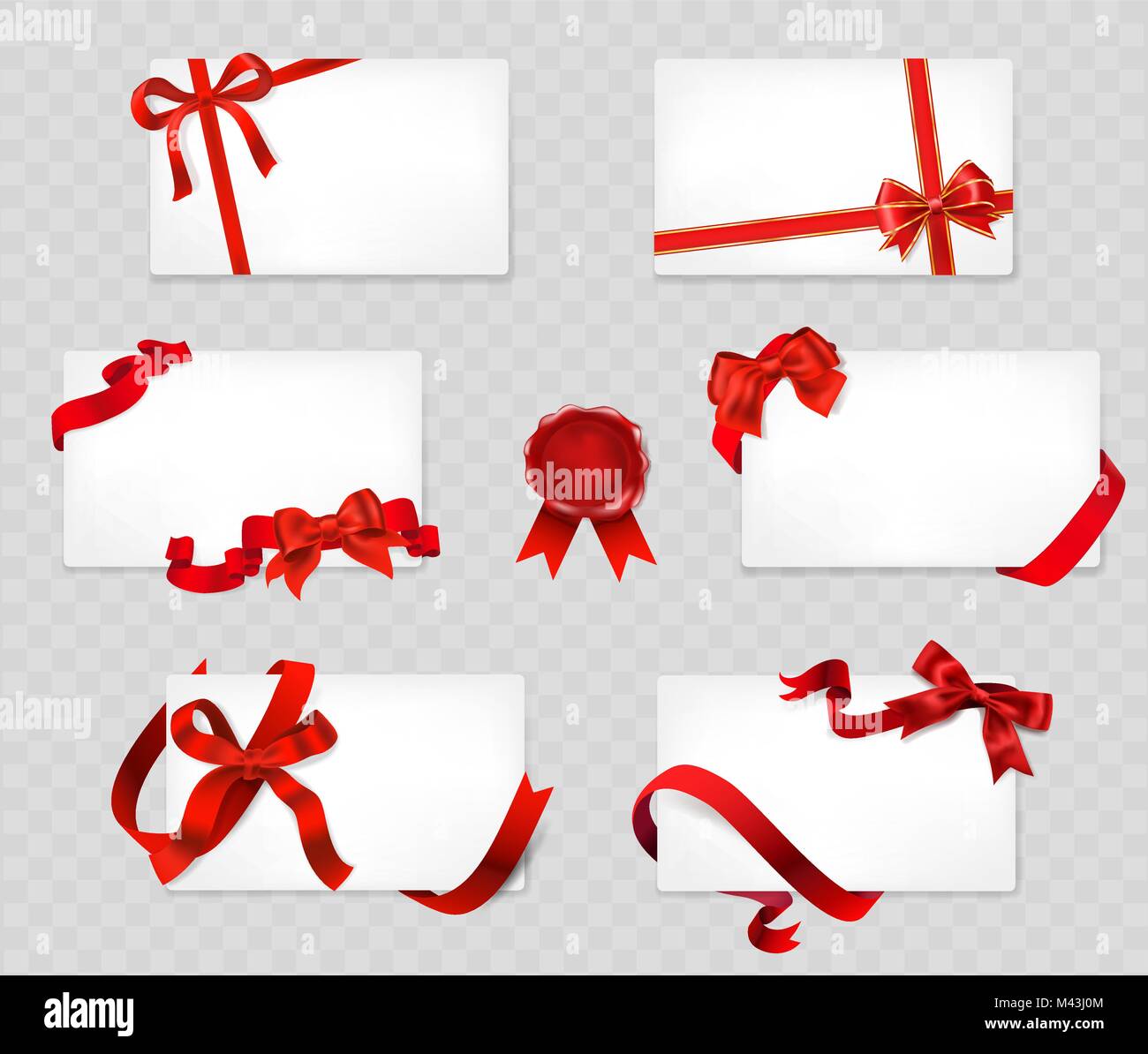set of white cards with red bows and ribbons on transparent back Stock Vector