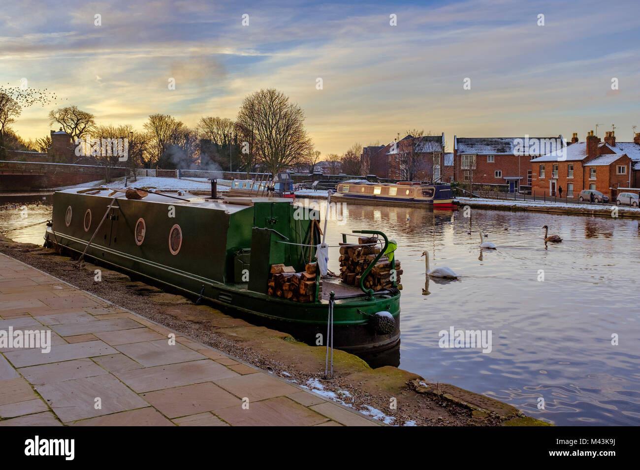 A canal boat moored on the Shropshire Union Canal in Chester, England, UK. Stock Photo