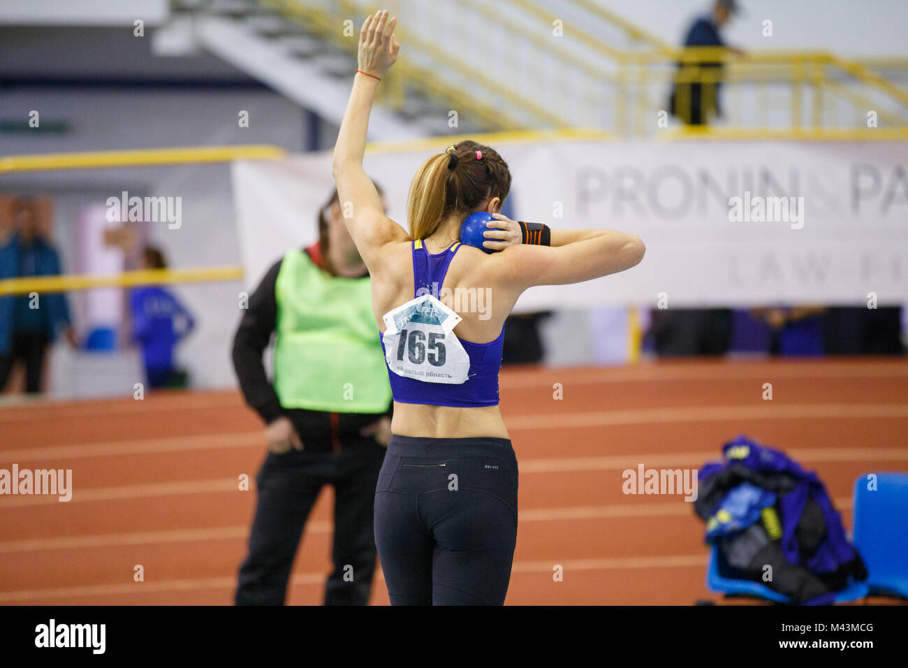 SUMY, UKRAINE FEBRUARY 9, 2018 Asya Bardis performing shot put