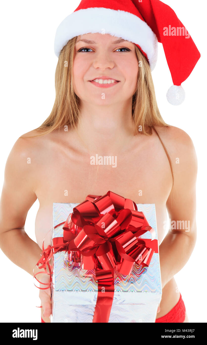 Young sexy Santa with a gift isolated on white Stock Photo
