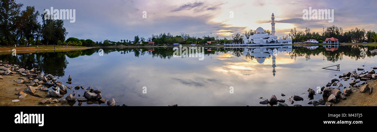 The Tengku Tengah Zaharah Mosque or the Floating Mosque is the first real floating mosque in Malaysia Stock Photo