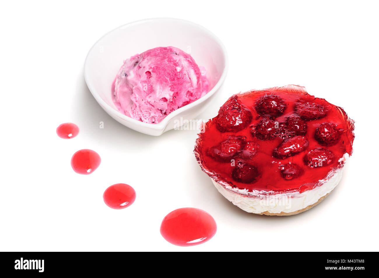 Raspberry cheese cake and ice cream ball Stock Photo