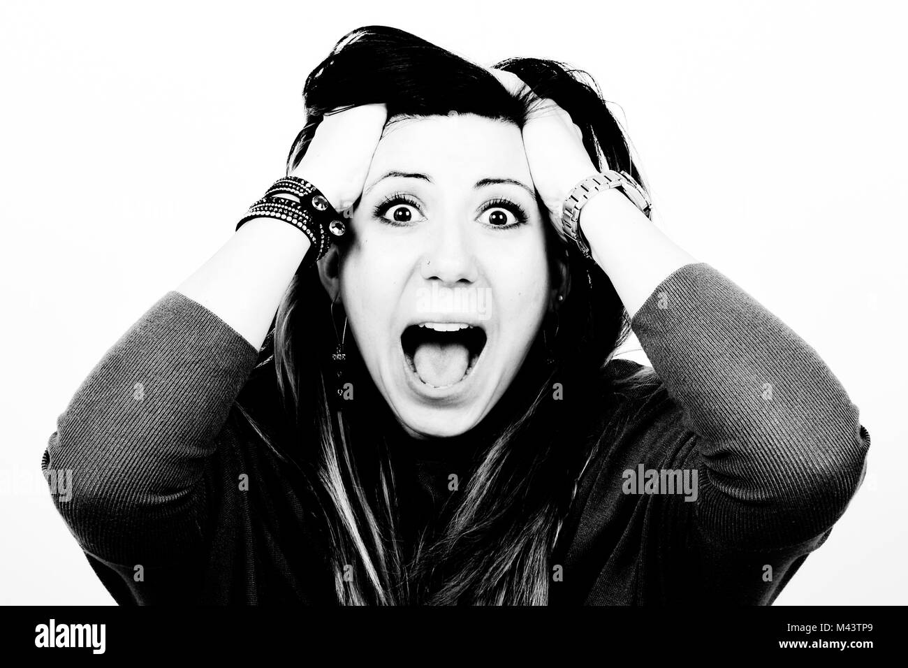 Screaming woman in black and white Stock Photo