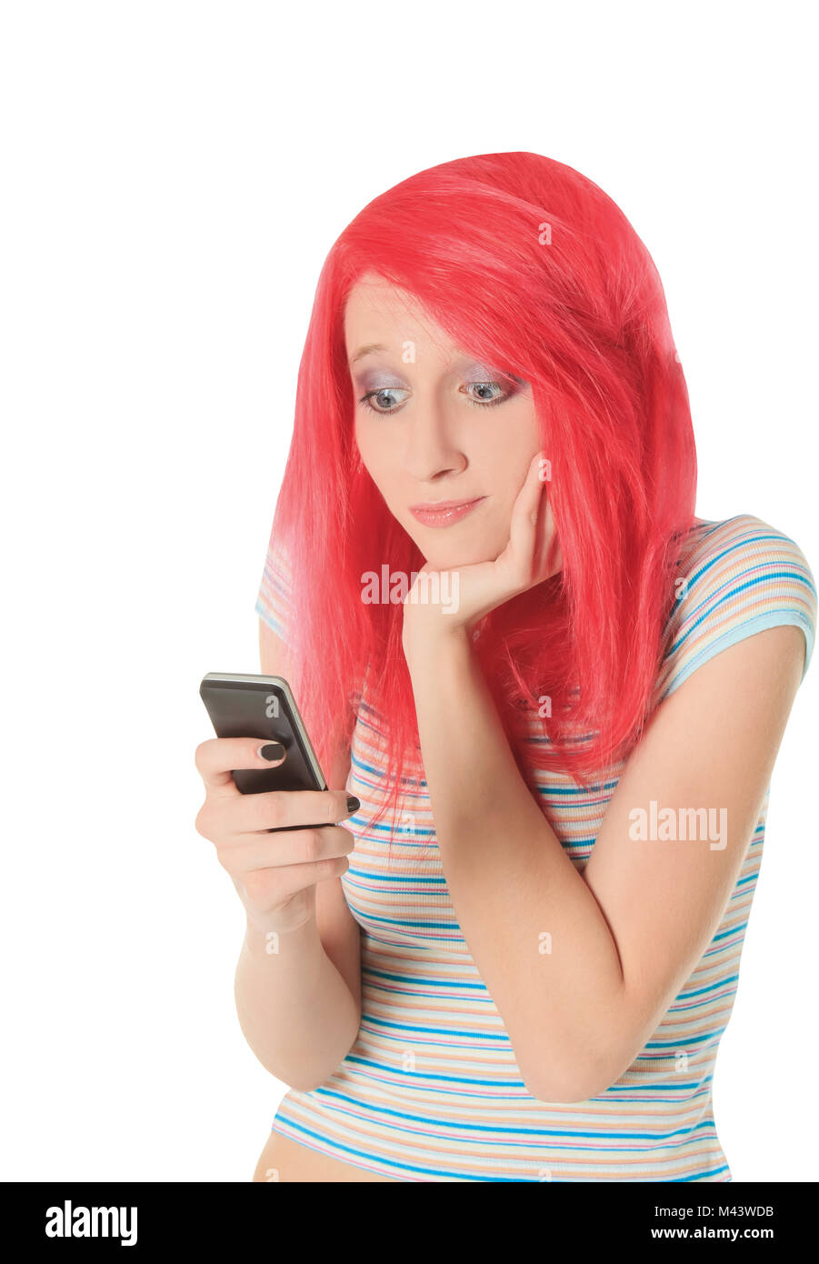 Bright picture of happy red hair woman with cell phone Stock Photo