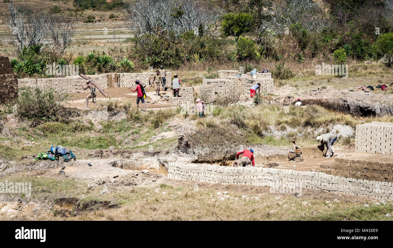 Making Clay Bricks in Fields, Southern Madagascar Stock Photo