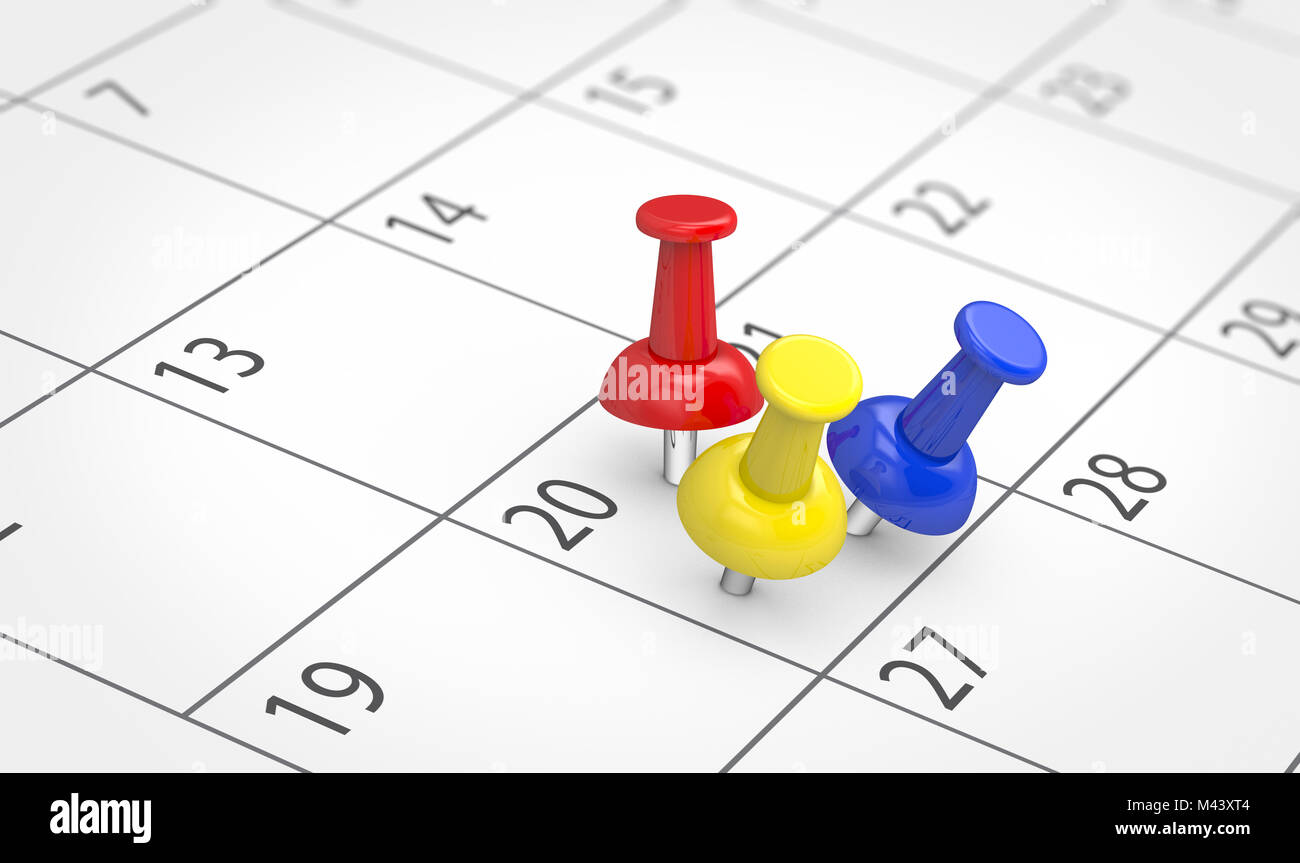 Busy day with several events concept with 3 colored push pins on a calendar page 3D illustration. Stock Photo