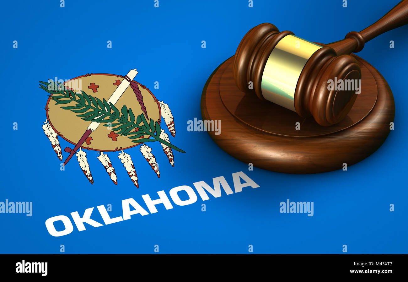 Oklahoma US state law, legal system and justice concept with a 3d rendering of a gavel on the Oklahoman flag on background. Stock Photo