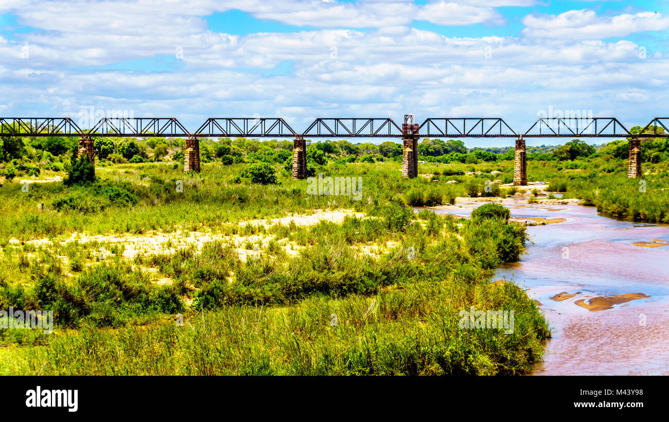 Railway Truss Bridge over the Sabie River at Skukuza Rest Camp in Kruger National Park in South Africa Stock Photo