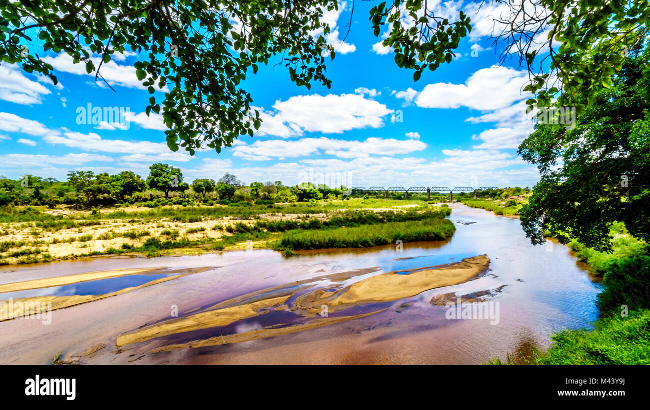 The almost dry Sabie River at the end of the dry season at Skukuza Rest Camp in Kruger National Park in South Africa Stock Photo