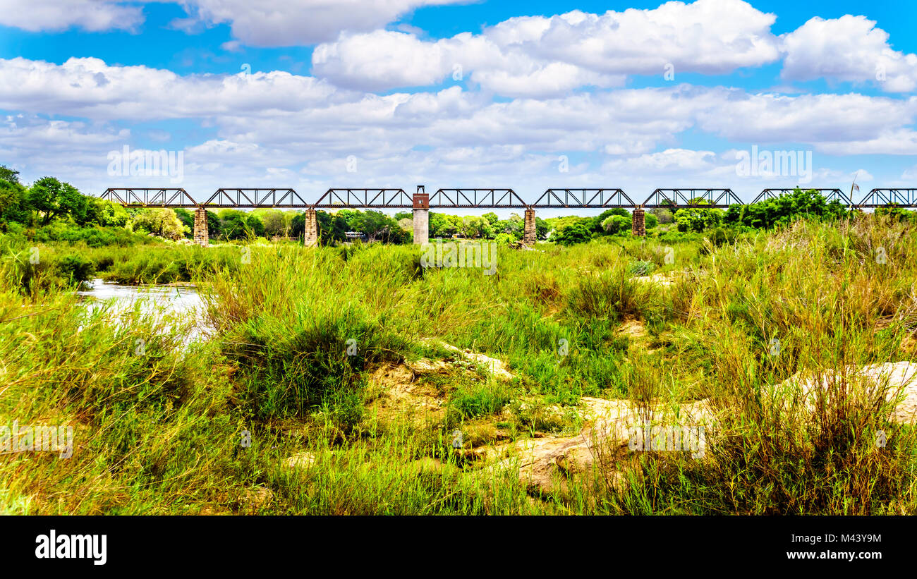 Railway Truss Bridge over the Sabie River at Skukuza Rest Camp in Kruger National Park in South Africa Stock Photo