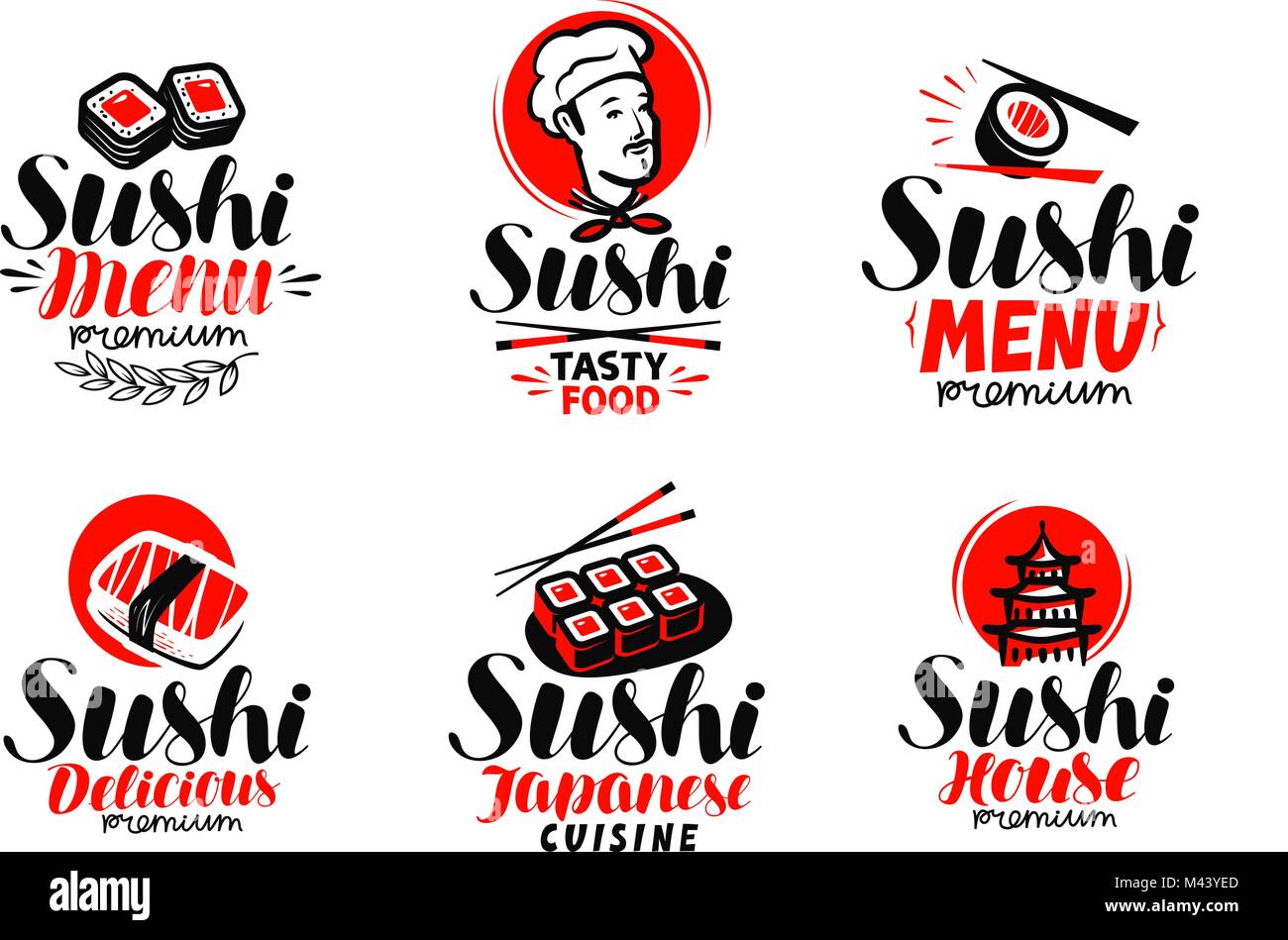 Sashimi, sushi, logo or label set. Japanese cuisine, healthy food typography. Lettering vector illustration Stock Vector
